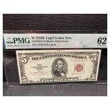 PMG GRADED 62 UNCIRCULATED 1953 B $5 NOTE
