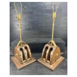 PR OF LARGE NAUTICAL WOOD LAMPS