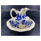 BLUE AND WHITE BOWL AND PITCHER SET