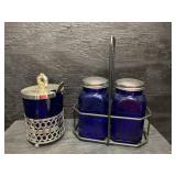 COBALT SALT AND PEPPER SHAKERS IN HOLDER AND