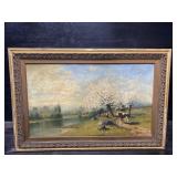 ANTIQUE SIGNED OIL ON CANVAS COWS GRAZING BY RIVER