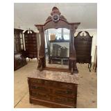 WALNUT VICTORIAN MARBLE TOP DRESSER WITH MIRROR