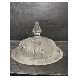 OLD IRIS AND HERRINGBONE CRYSTAL BUTTER DISH WITH