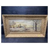 ANTIQUE OIL ON BOARD COUNTRY SNOW SCENE