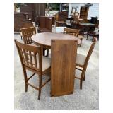 OAK TALL ROUND TABLE WITH 4 BAR STOOL CHAIRS
