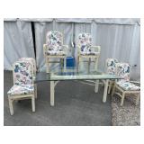 WICKER GLASS TOP TABLE AND 6 CHAIRS