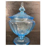 ANCHOR HOCKING BLUE MAYFAIR OPEN ROSE CANDY JAR