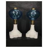 PR OF ICE BLUE DAISY & SCROLL OIL LAMPS