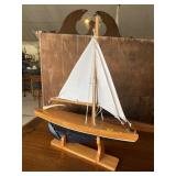 WOOD CARVED MODEL YACHT ON STAND