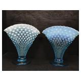 PR OF FENTON BLUE OPALESCENT HOBNAIL FAN VASES