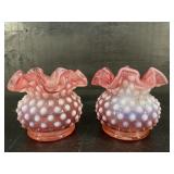 FENTON CRANBERRY OPALESCENT HOBNAIL SMALL VASES 2