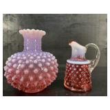FENTON CRANBERRY OPALESCENT HOBNAIL VASE AND CRUET