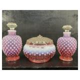 FENTON CRANBERRY OPALESCENT HOBNAIL DRESSER SET