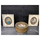 REVERSE PAINTED POWDER BOX AND 2 PORTRAITS