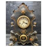 ANTIQUE ORNATE MANTLE CLOCK WITH KEY AND PENDULUM