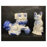 2 PC BLUE AND WHITE PORCELAIN LOT CAT AND FU DOG