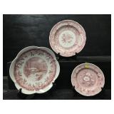 LOT OF 3 PINK TRANSFER SPODE ENGLAND BOWL AND