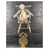 LOT OF RAG DOOL IN CHAIR AND BRASS CANDLESTICK