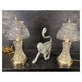 PAIR OF CRYSTAL LAMPS AND METAL MONKEY