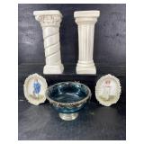 PAIR OF COLUMNS GLASS BOWL AND LEFTON PLAQUES