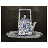 BLUE AND WHITE TEA POT & PLATTER
