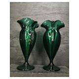 PR OF MATCHING RUFFLE TOP EMERALD GREEN VASES