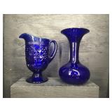 2 PC LOT OF COBALT BLUE VASE & PITCHER