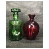 2 COLORED GLASS PITCHER AND DECANTER