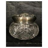ANTIQUE LARGE STERLING LID CUT GLASS DRESSER JAR