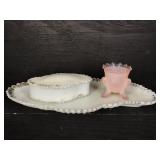 3 PC LOT MILK GLASS DRESSER DISH & TOOTHPICK