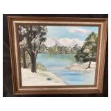 MID CENTURY MOUNTAIN SCENE OIL KN CANVAS