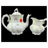 GERMAN PORCELAIN HAND PAINTED TEAPOT & CREAMER