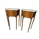 2 FRENCH MARBLE TOP INLAID 3 DRAWER STANDS