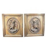 2 ANTIQUE OAK PHEASANT MOTIF WALL PLAQUES