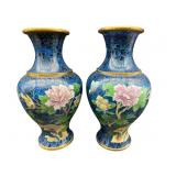 TWO 12 INCH BLUE CLOISONNE VASES