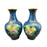 TWO 10.5 INCH BLUE CLOISONNE VASES