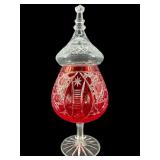 ANTIQUE RED CUT TO CLEAR LARGE FOOTED CANDY JAR