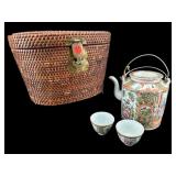 ROSE MEDALLION PORCELAIN TEA SET IN WICKER BASKET