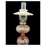 PINK DEPRESSION OIL LAMP WITH MILK GLASS SHADE