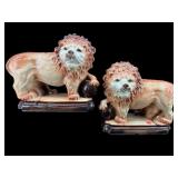 2 LARGE VINTAGE CERAMIC LIONS WITH GLASS EYES