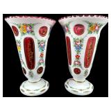 2 HAND PAINTED BOHEMIAN CUT CRANBERRY CASED GLASS