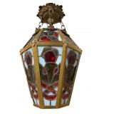 ANTIQUE LEADED GLASS BRONZE HANGING CHANDELIER