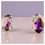 PR OF 14K CUSTOM AMETHYST & DIAMOND EARRINGS