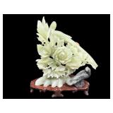 SOAPSTONE ORIENTAL BIRD WITH FLOWERS ON STAND