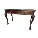 SOLID MAHOGANY CARVED CHIPPENDALE 2 DRAWER TABLE