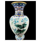 10.5 IN WHITE AND BLUE CLOISONNE VASE