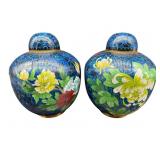 TWO 10 INCH BLUE CLOISONNE GINGER JARS