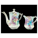 ANTIQUE GERMAN PORCELAIN HAND PAINTED TEAPOT &