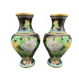 TWO 12.5 INCH BLACK CLOISONNE VASES