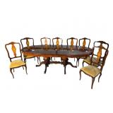 ITALIAN MARQUETRY INLAID DINING TABLE AND 8 CHAIRS